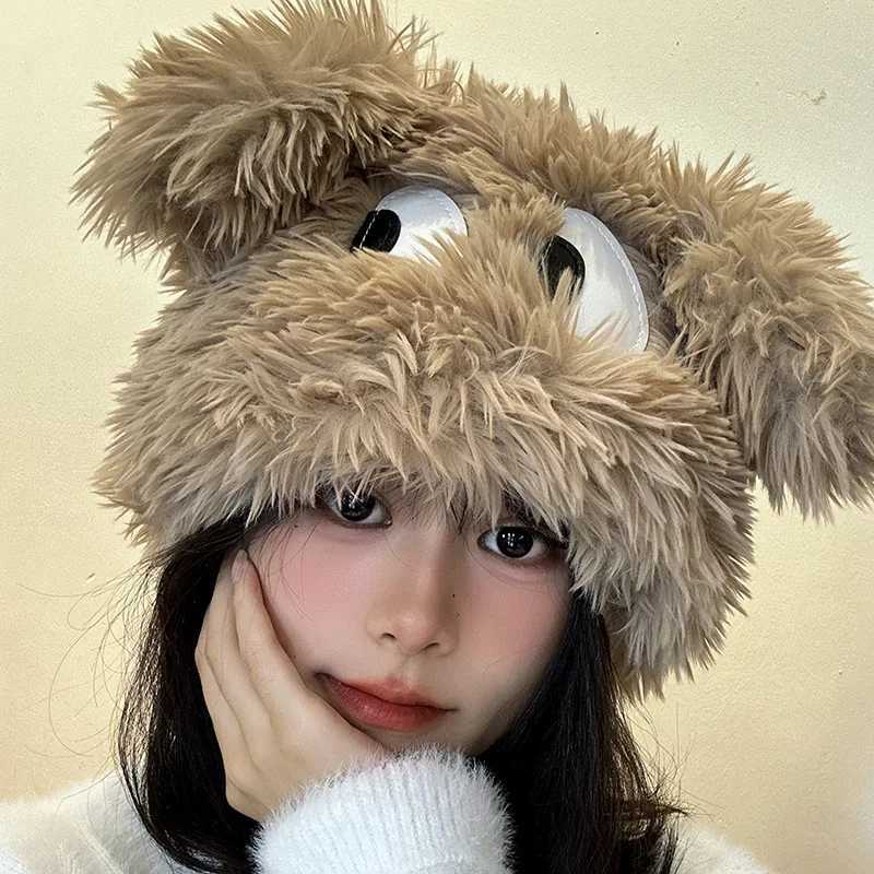 Funny Winter P Hat for Wen Cute Cartoon Puppy Ears Beanie C Solid Color Warm Fluffy Faux Fur Girls Ear Protection Hats Y250920