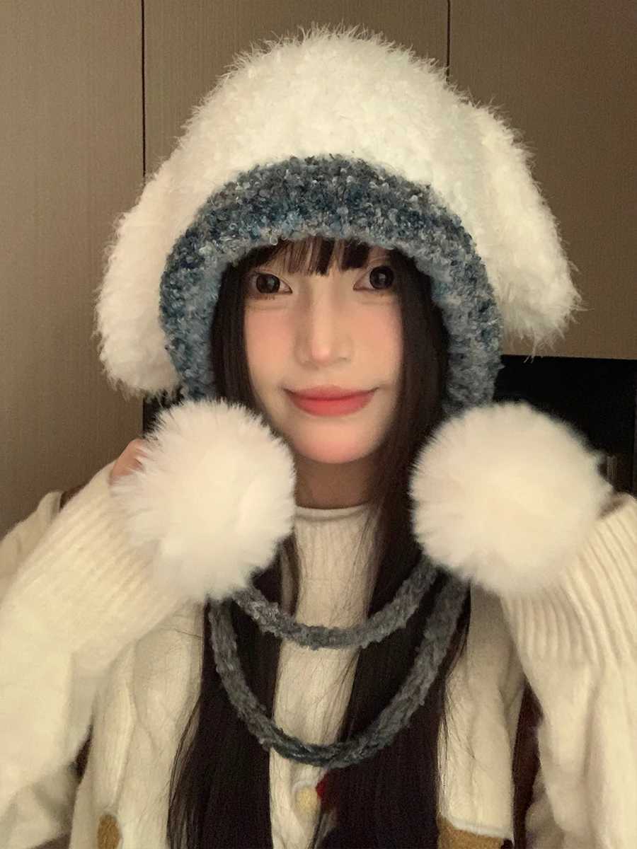Furry Cute Rabbit Ear Knitted Hat For Wen Autumn And Winter Ear Protection To Show A Small Face A Hooded Covering Y250920
