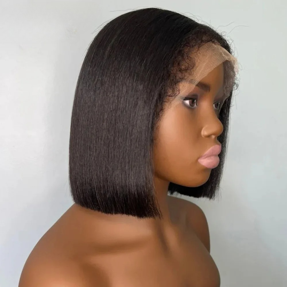 Black Kinky Straight Human Hair Wigs 4c Edges Short Bob Lace Wig Yaki Straight 13x4 13x6 HD Lace Frontal Wig Brazilian Hair Preplucked Ready To Wear f