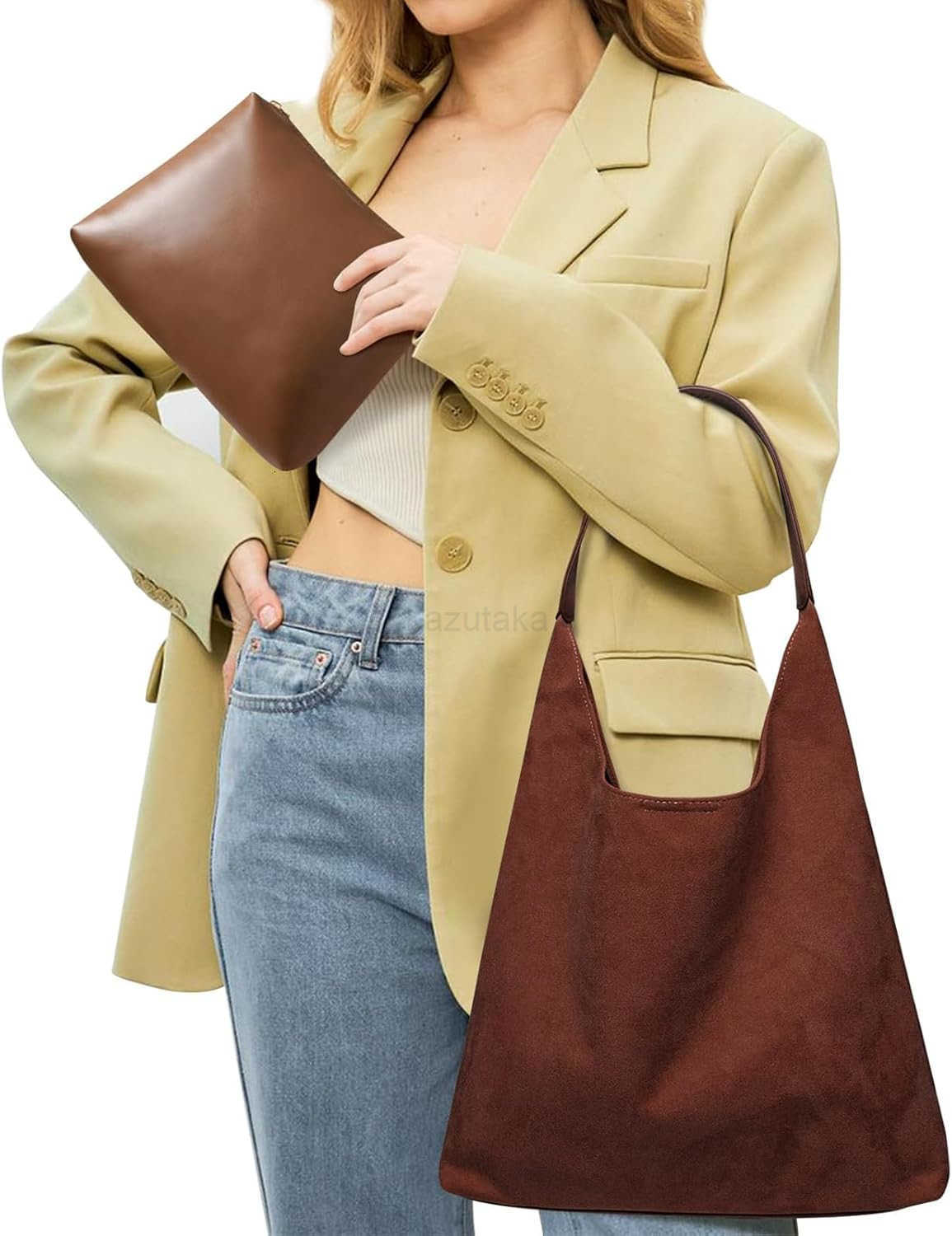 Suede Hobo Bag for Women 2 Pcs Purse Slouchy Faux Suede Tote Bag Leather Handbag Z250922