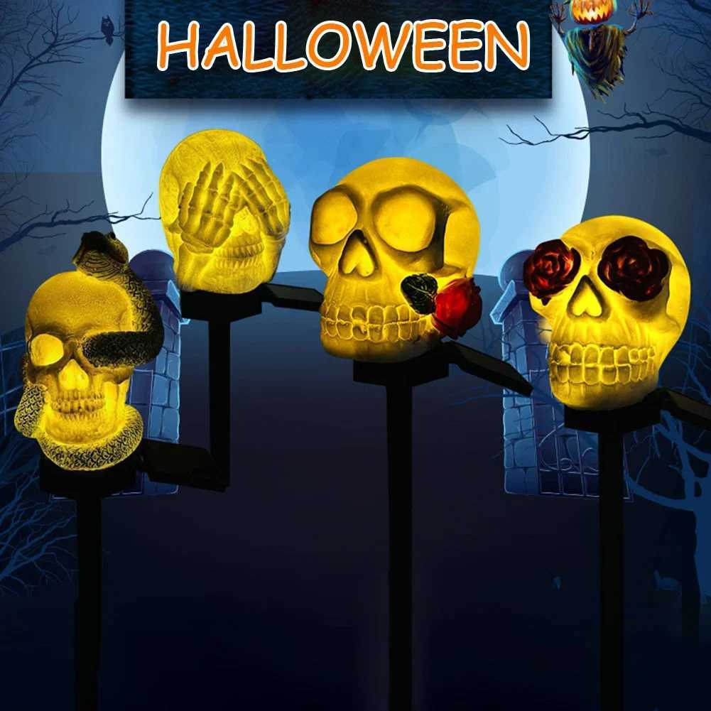 Halloween Skull Head Decor Lawn Lamp Outdoor Garden Yard Solar Powered Pathway Atmosphere Light String Lantern Holiday Party C250922