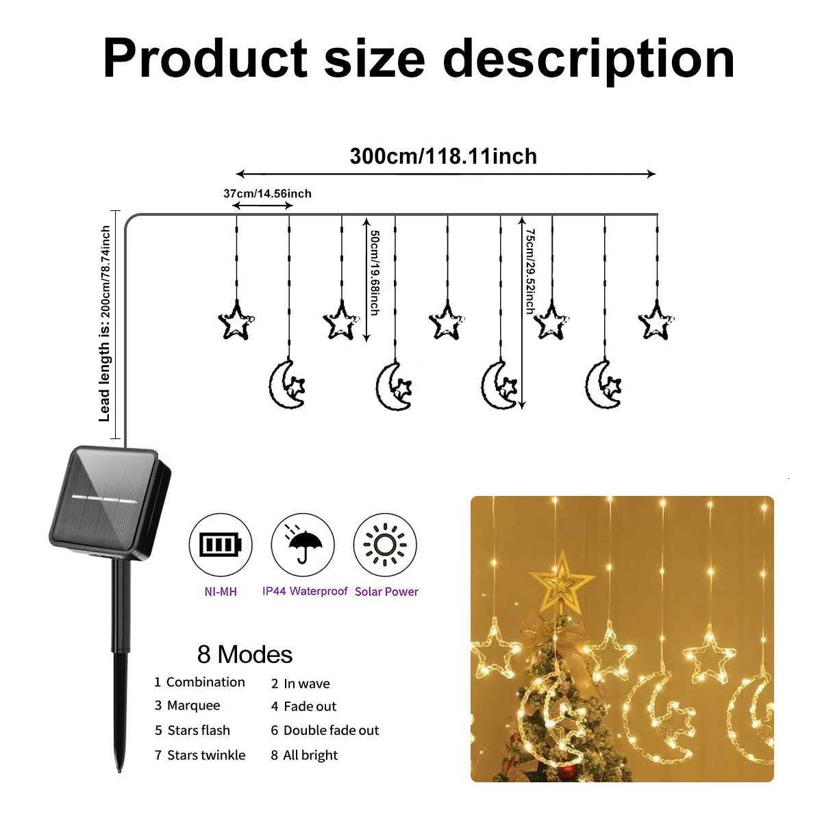 3M Solar Star Moon Light String 120LED Outdoor Lighting String Lights 8 Modes for Ramadan Wedding Party Home Decoration Z250922