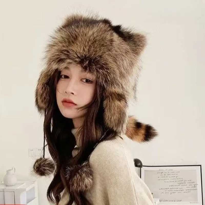trend Raccoon Fur C Tail Wen Natural Raccoon Fur Cs Ushanka Hats for Winter Thick Warm Ears Fashion Bber P Hat2026 Y250920