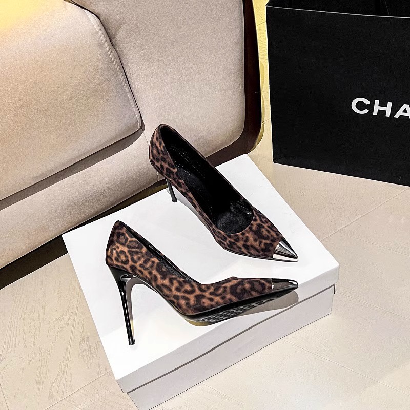 designer heels European and American style banquet high heels thin heels leopard print back void metal pointed toe back loop high-heeled single shoes 