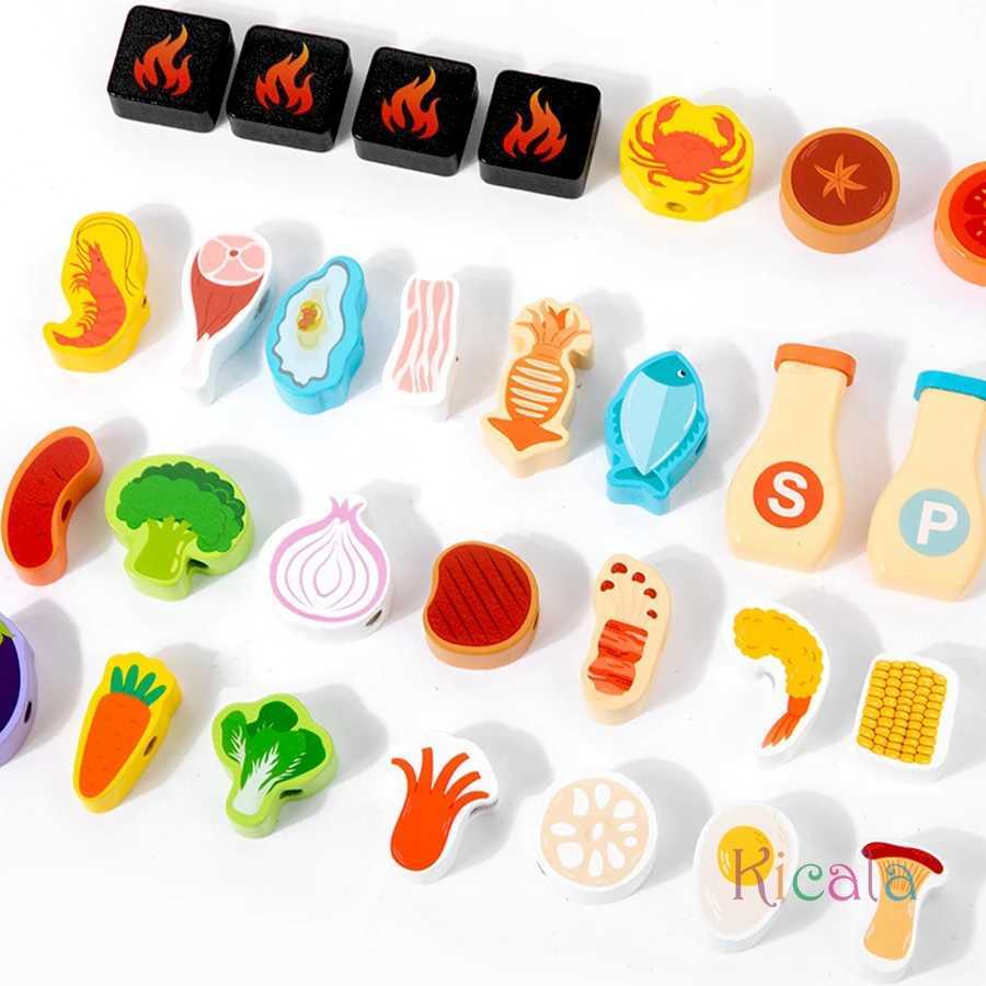 Montessori Wooden Pretend Play Kitchen Toys BBQ Set Dessert Puzzle Toys Simulation Barbecue Role Game Gift For Toddlers Age 3 C250922