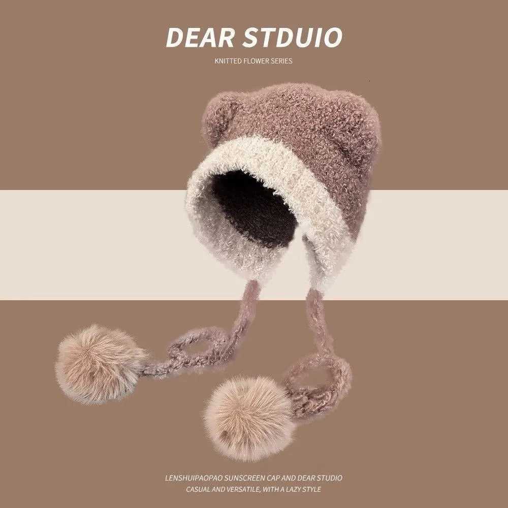 New Cute Bear Knitted Hat Pp Fur Balls Pr C Windproof Knitted Beanie Hat Autumn and Winter Y250920