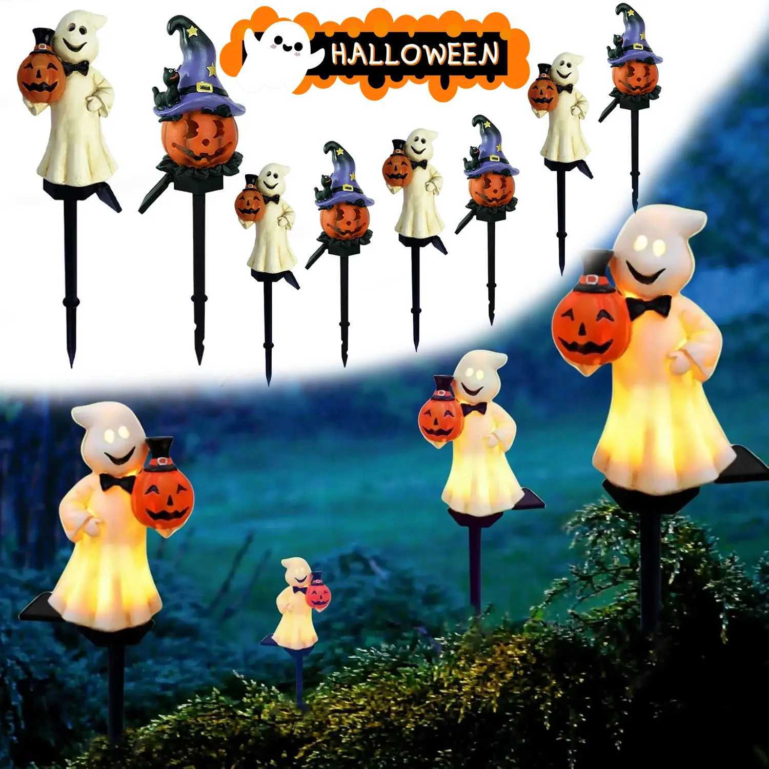 Halloween Solar Lights Glowing Ghost and Pumpkin Garden Stakes Waterproof LED Night Lights for Walkway Patio Holiday Decor C250922