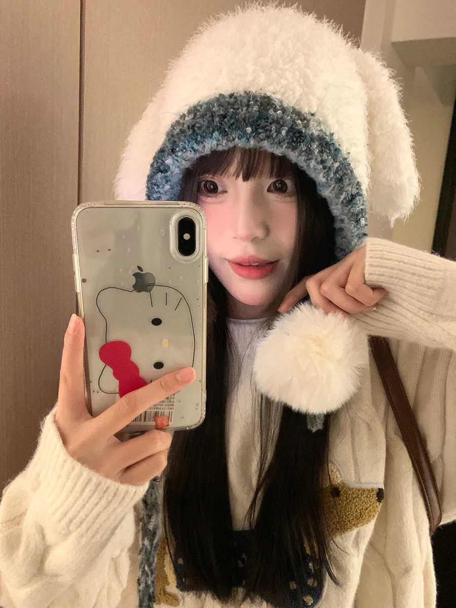 Furry Cute Rabbit Ear Knitted Hat For Wen Autumn And Winter Ear Protection To Show A Small Face A Hooded Covering Y250920