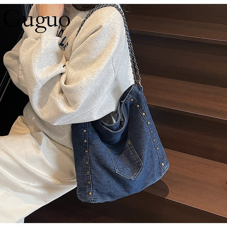 Guguo Designer Bag 2025 New Cross-border Exclusive Rivet Denim Single Shoulder Bag For Women Chain Crossbody Bag Women's Foreign Luxury Bag Trade