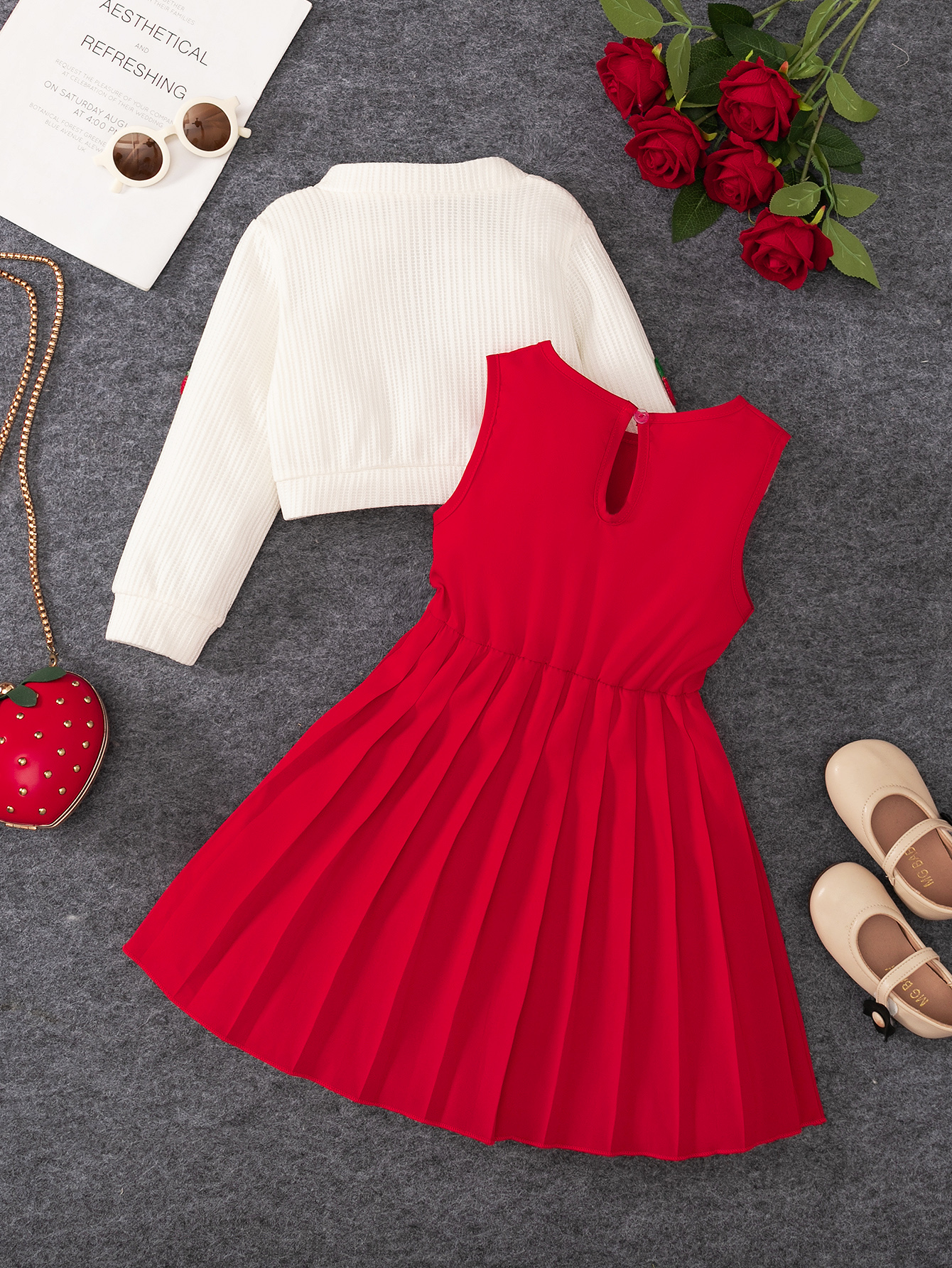 Toddler Girl 2pcs Set: Strawberry Embroidered White Cardigan & Red Pleated Sleeveless Dress, Cute Outfit-2690