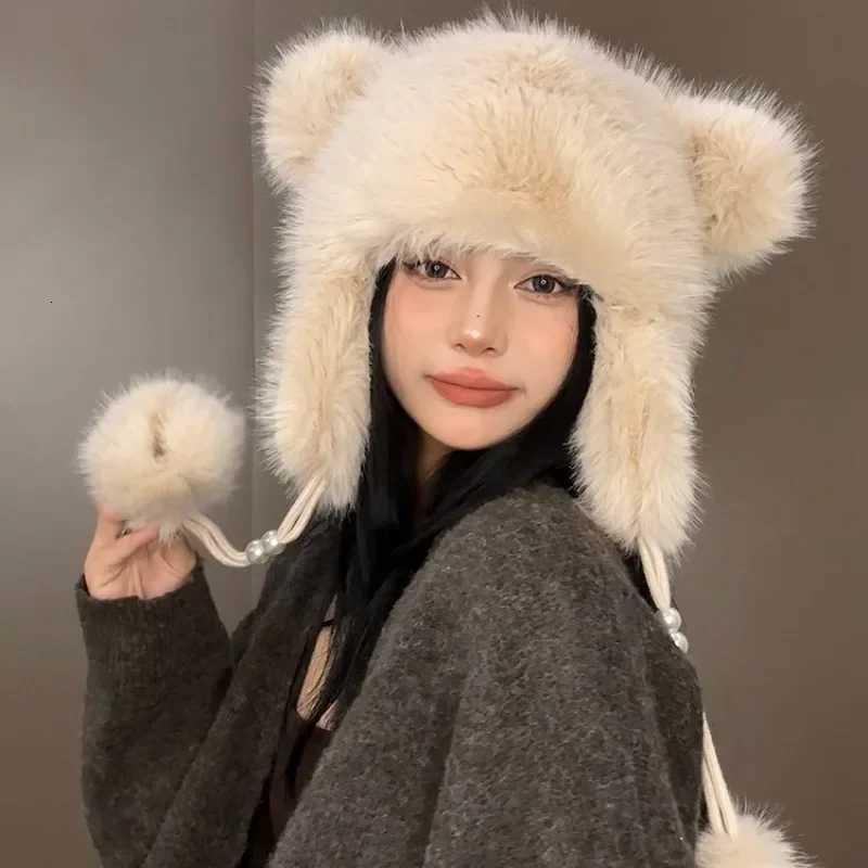 Winter Ear Protection Fluffy Bber Hat Wen Doublelayer Thick P Beanies C Girls Cute Ears Warm Faux Fur Sklies C Y250920