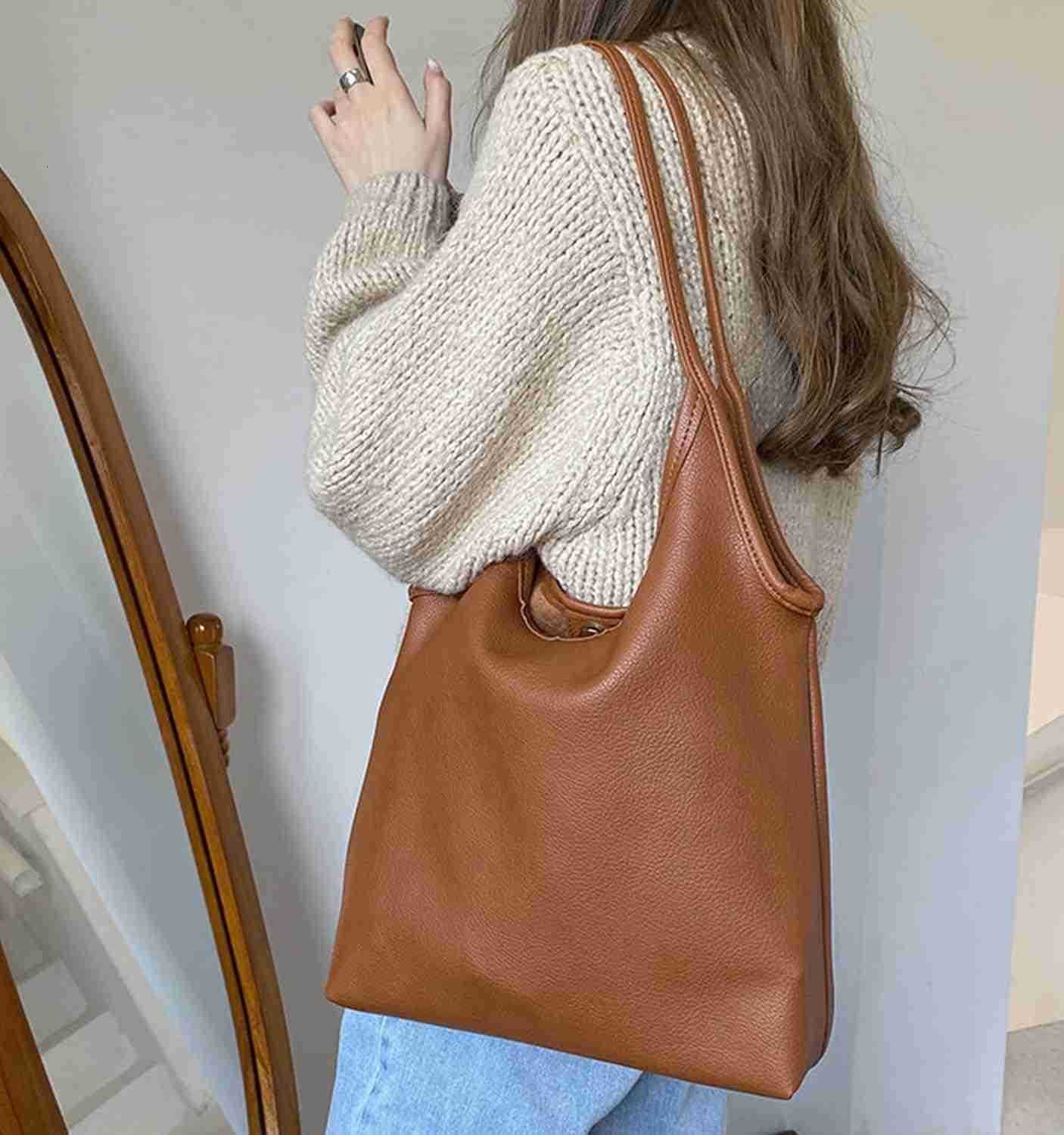 Womens Brown Large Hobo Tote Bag Soft Vegan Crossbody Handbag with Top Handles and Shoulder Strap Z250922