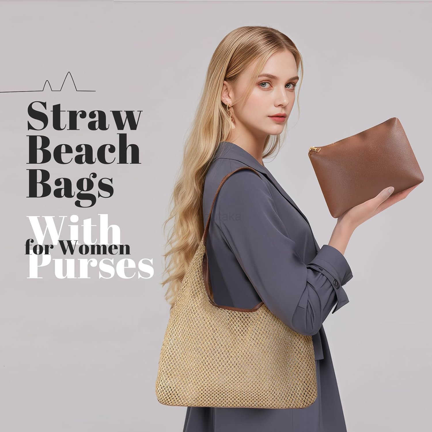 Straw Beach Bags for Women Beach Bags for Women Mesh Tote Bag Leather Hobo Purse with Pouch for Vacation Travel Essentials Z250922