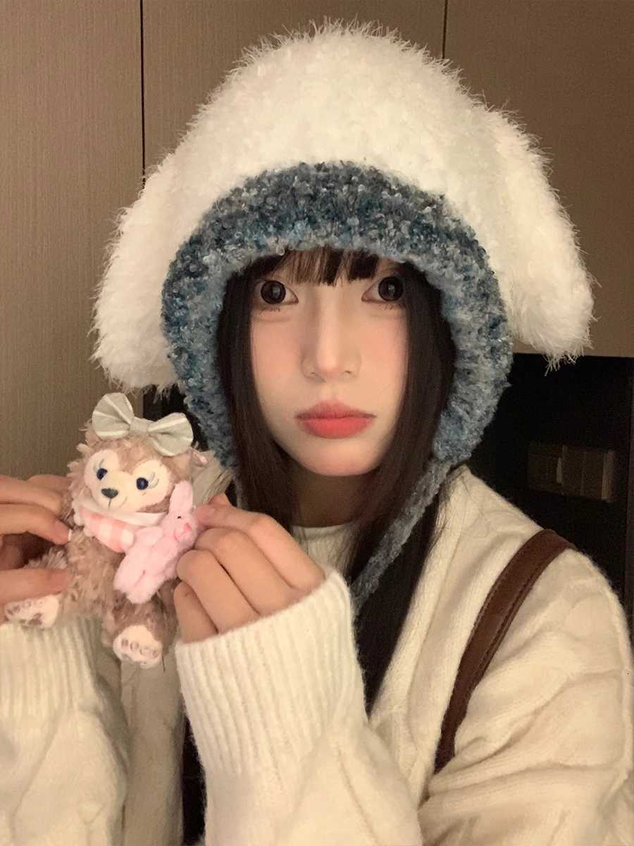 Furry Cute Rabbit Ear Knitted Hat For Wen Autumn And Winter Ear Protection To Show A Small Face A Hooded Covering Y250920