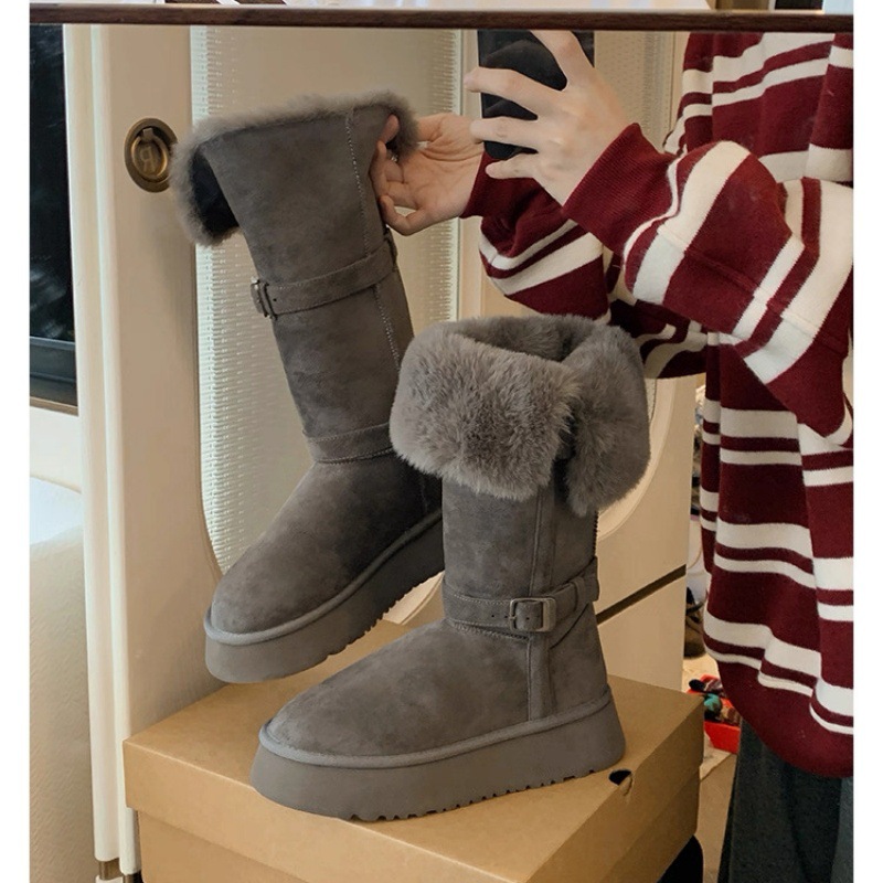 Luxury Boots New Women's Tall Platform Snow Boots Genuine Leather Shearling Lined With Buckle Thermal Non-Slip Winter Boots