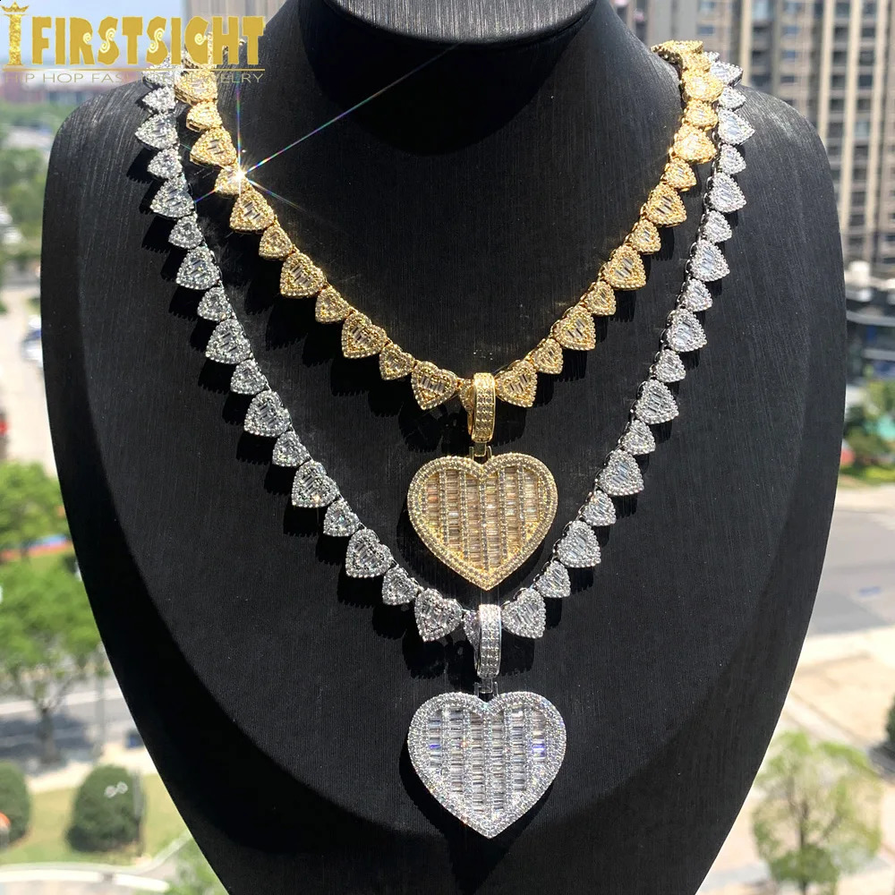 Iced Out Heart Pendant Necklace Bling Full Paved Cubic Zirconia Heart Charm Link Chain Choker For Women Hip Hop Jewelry 250920