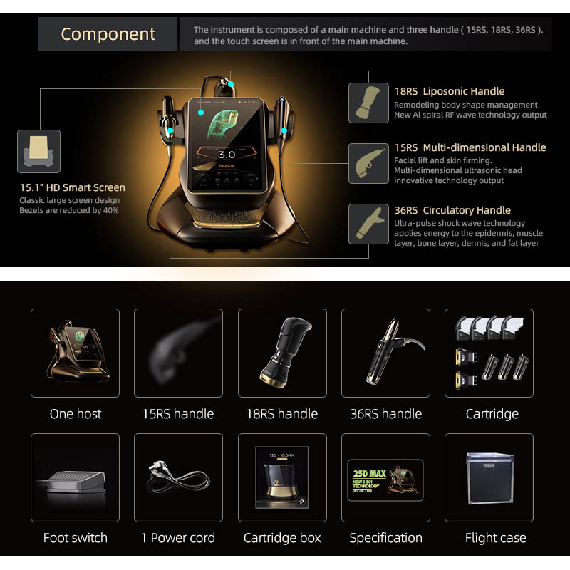HIFU 3 in 1 25D Max HIFU RF EMS Face Y Body Lifting Wrinkle Removal Radiofrequency Liposonic Cartridge 22D 360 Max HIFU Machine