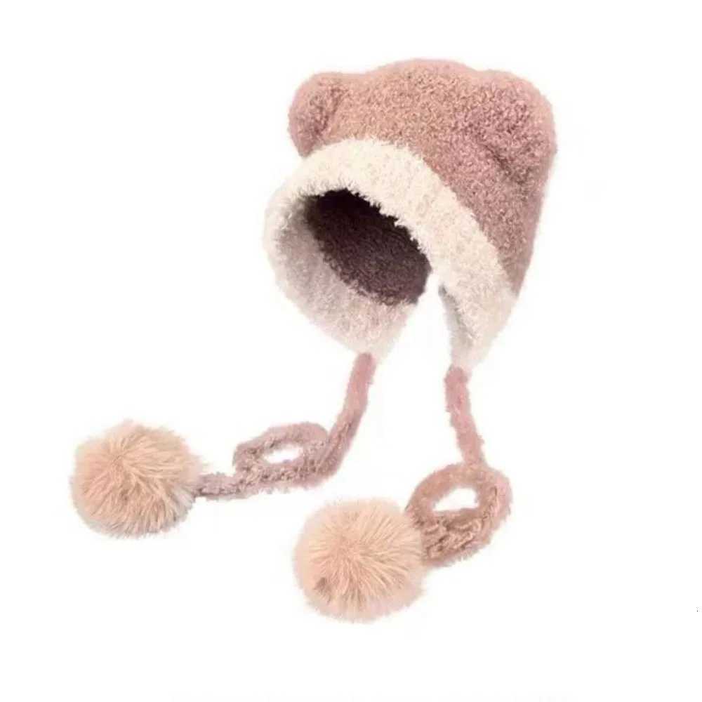 New Cute Bear Knitted Hat Pp Fur Balls Pr C Windproof Knitted Beanie Hat Autumn and Winter Y250920