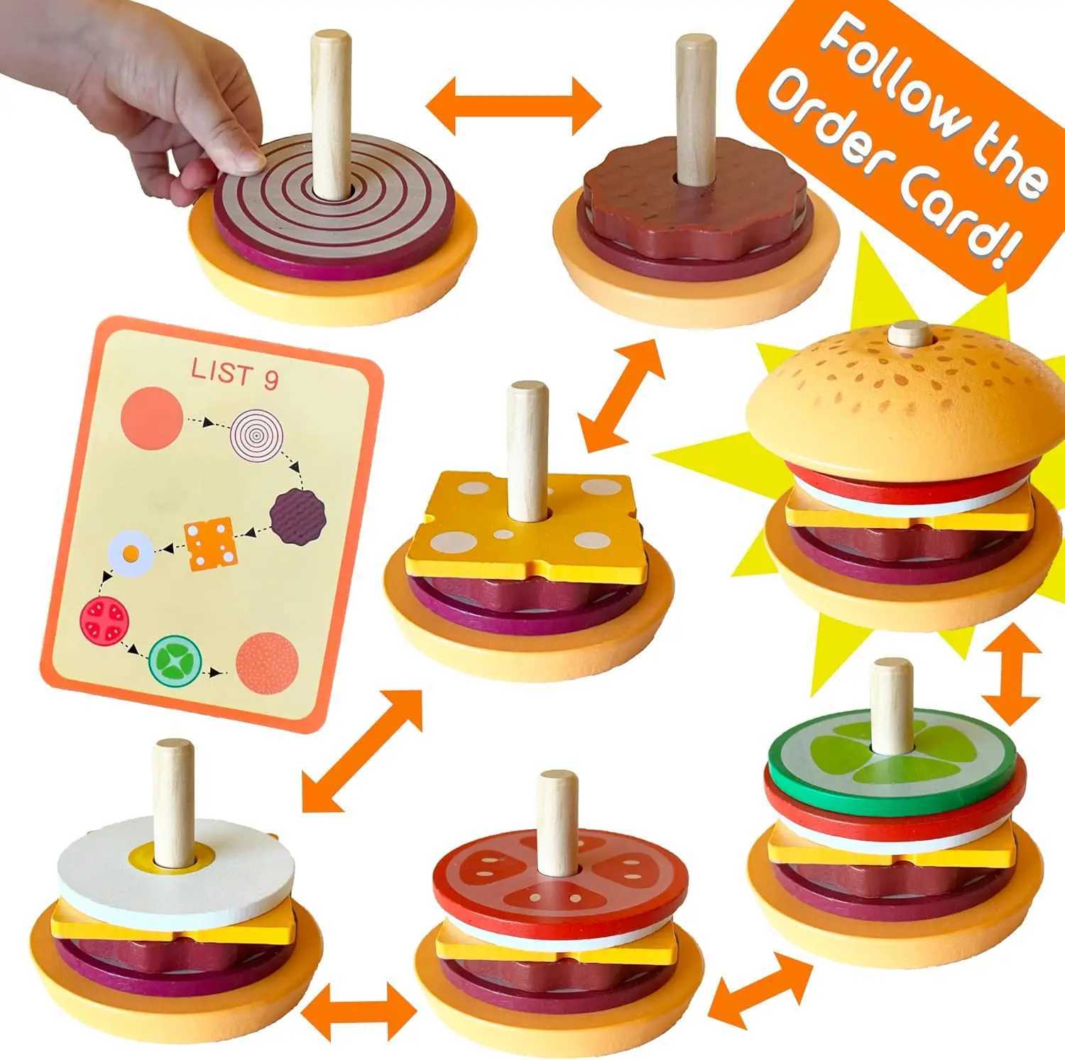 Wooden Burger Sand Stacking Toys For Toddler Kids Preschool Learning Educational Toys Pretend Play Food Kitchen Toys Gift C250922