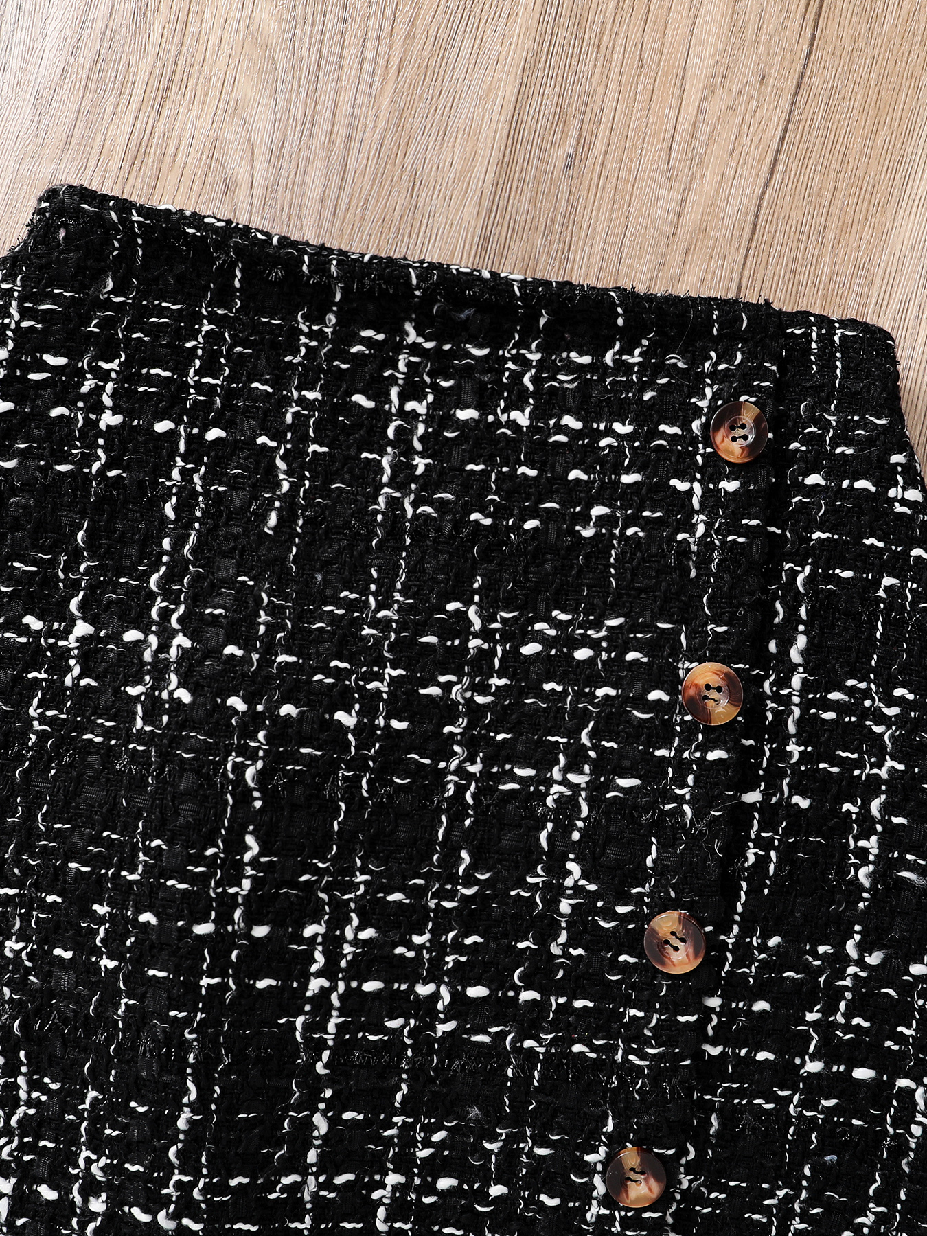 Toddler Girl 2pcs Set: Black Ruffled Sleeve Top & Tweed Plaid Skirt, Elegant Little Girl Outfit-KJ1C4469A