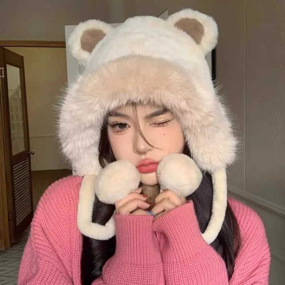 Winter Hat Knitted Fluffy Faux Fur Bear Design Warm Thicke Ear Protection for Wen Large Size Winter Beanie Y250920