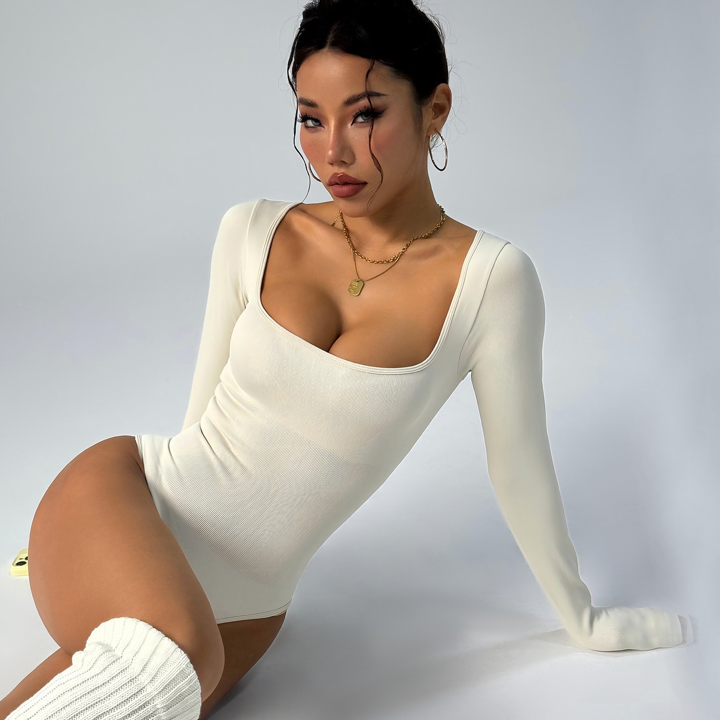 Seamless Long Sleeve Yoga Jumpsuit for Women Ribbed One Piece Bodysuit Slim Fit Waist Control Triangle Shorts Activewear