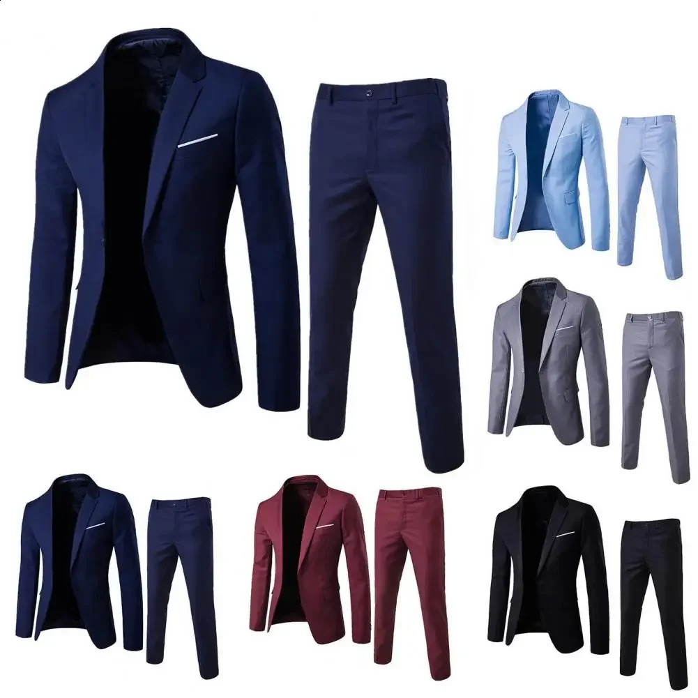 1 Set Trendy Men Suit Anti Deformation Formal Suit Turndown Collar Pure Color One Button Suit Set Daily Wear 250916