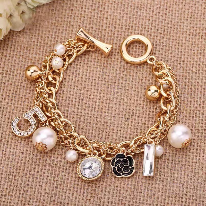 Designer Korean-style Multi-layer Bracelet, Luxury Bracelet Alloy Small Flower Inlaid Diamond Pendant Five-character European And American Jewelry Met