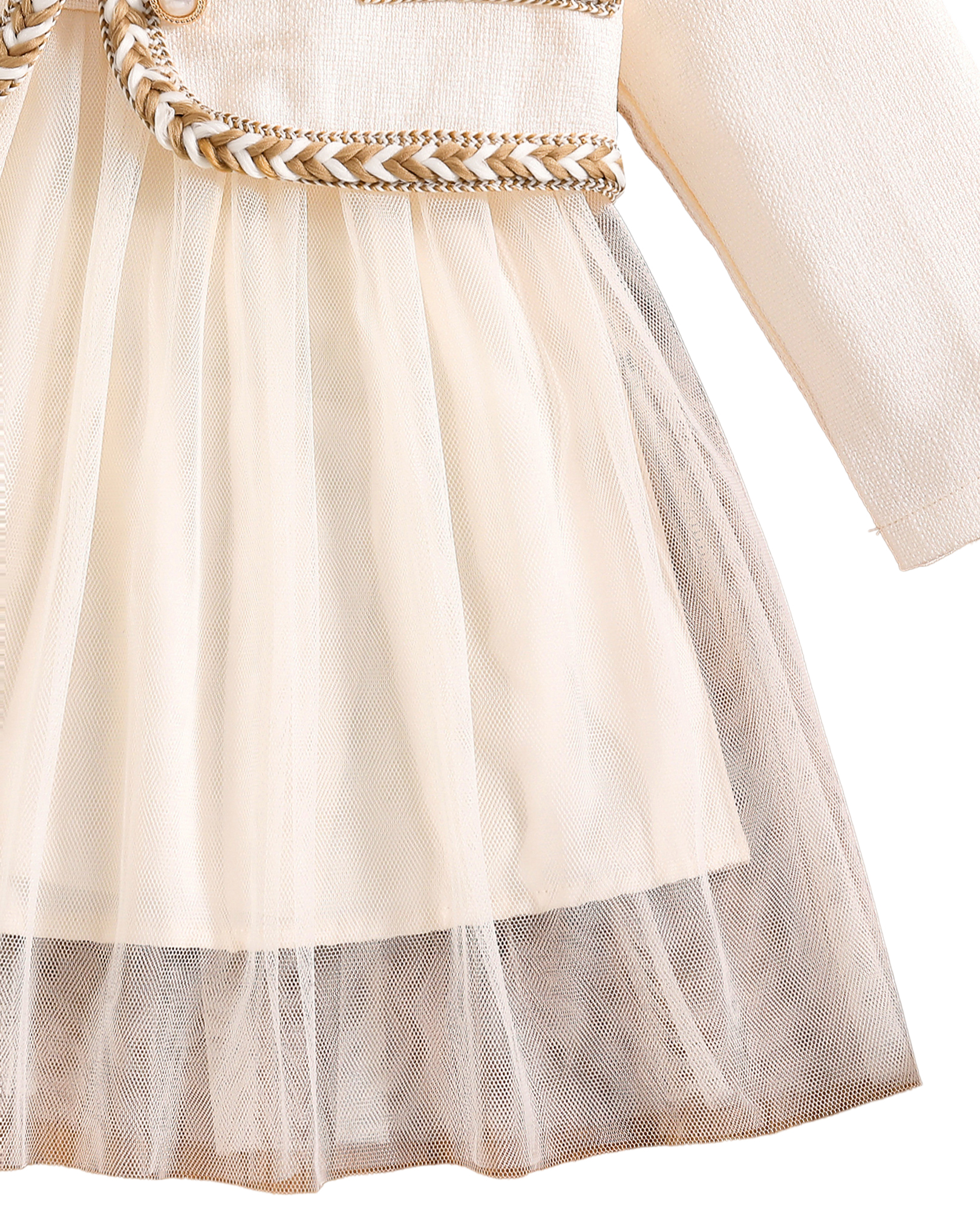 Toddler Girl 2pcs Set: Beige Tweed Jacket with Braided Trim & Tulle Dress, Elegant Party Outfit-KJ1C4420A