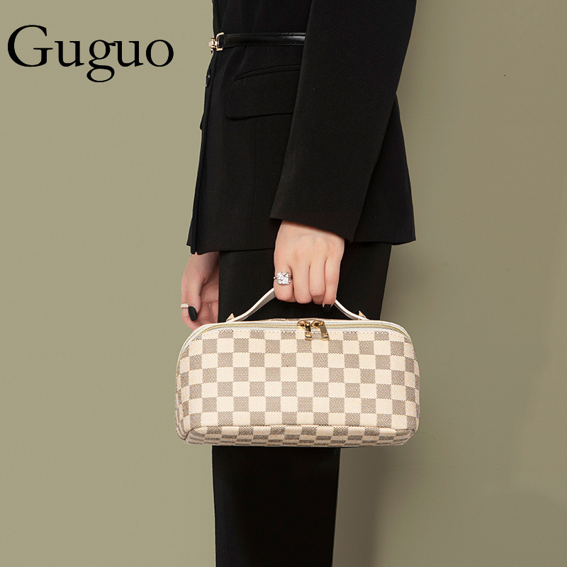 Guguo Designer Bag Vintage Style Floral Plaid Makeup Bag For Women Large Capacity Luxury Bag Portable Handheld Toiletry Bag Cosmetic Storage Bag Whole