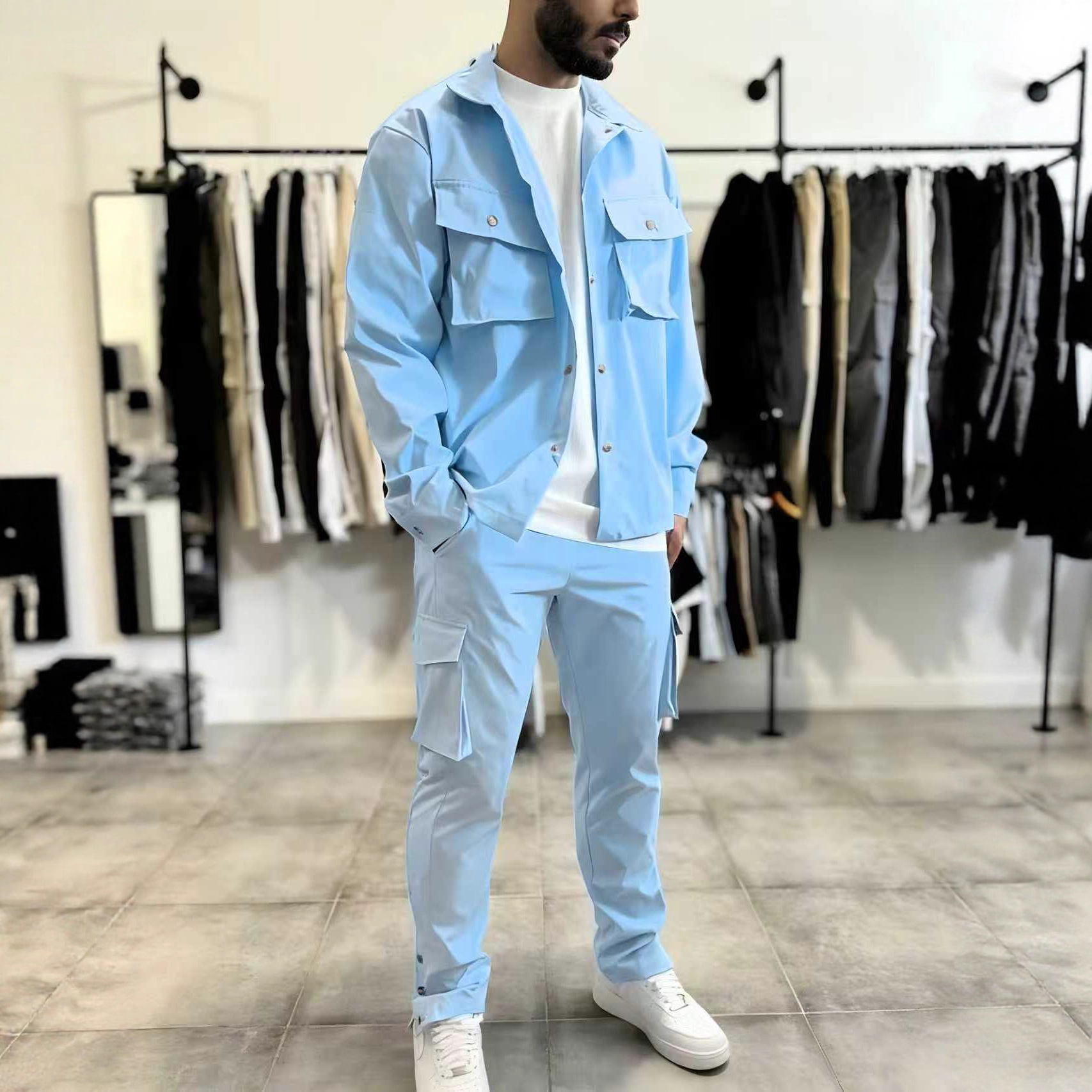 New Designer Set European style Mens Clothing Spring And Autumn Leisure Sports Multi-pocket Cargo Jacket Trousers Two piece Set plus size sweatsuit