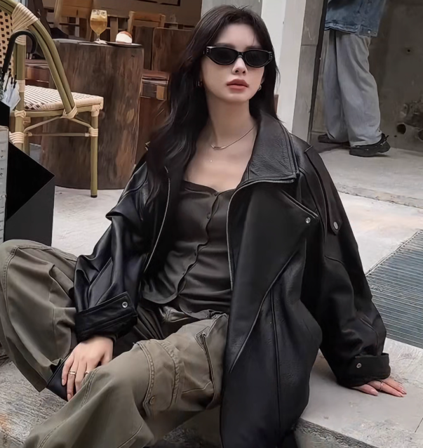 Womens Y2k Autumn Fashion Street Loose Casual Retro Heavy Double-Layer Collar Profile Jacket Leather Coat Female 241028