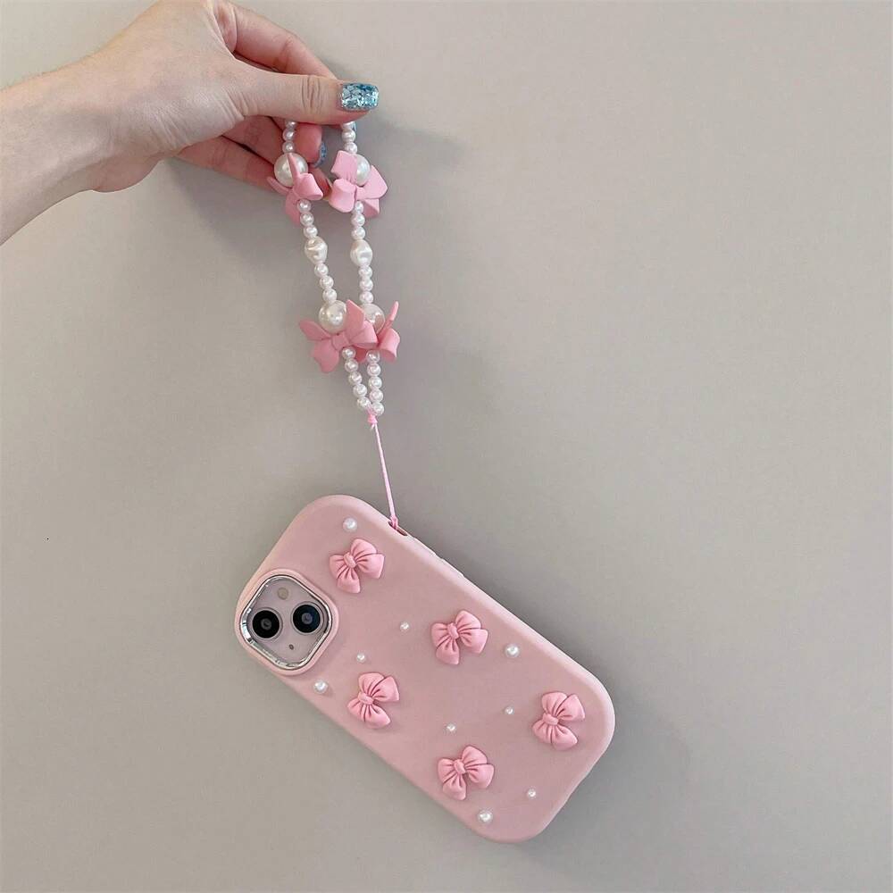 Cute 3D Pink Bowknot Phone Case For iPhone 15 14 13 12 16 Pro Max 11 XR 8 Plus SE Protective Cover With Bow Pearl Chain
