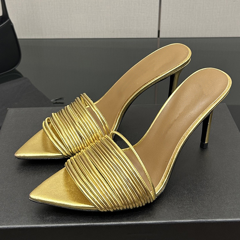 The catwalk New Cowhide Strap Combination High Heel Mules 9 Cm Super High Stiletto Pointed Toe Sandals Slippers Luxury Designer Party Evening Dress High Heels