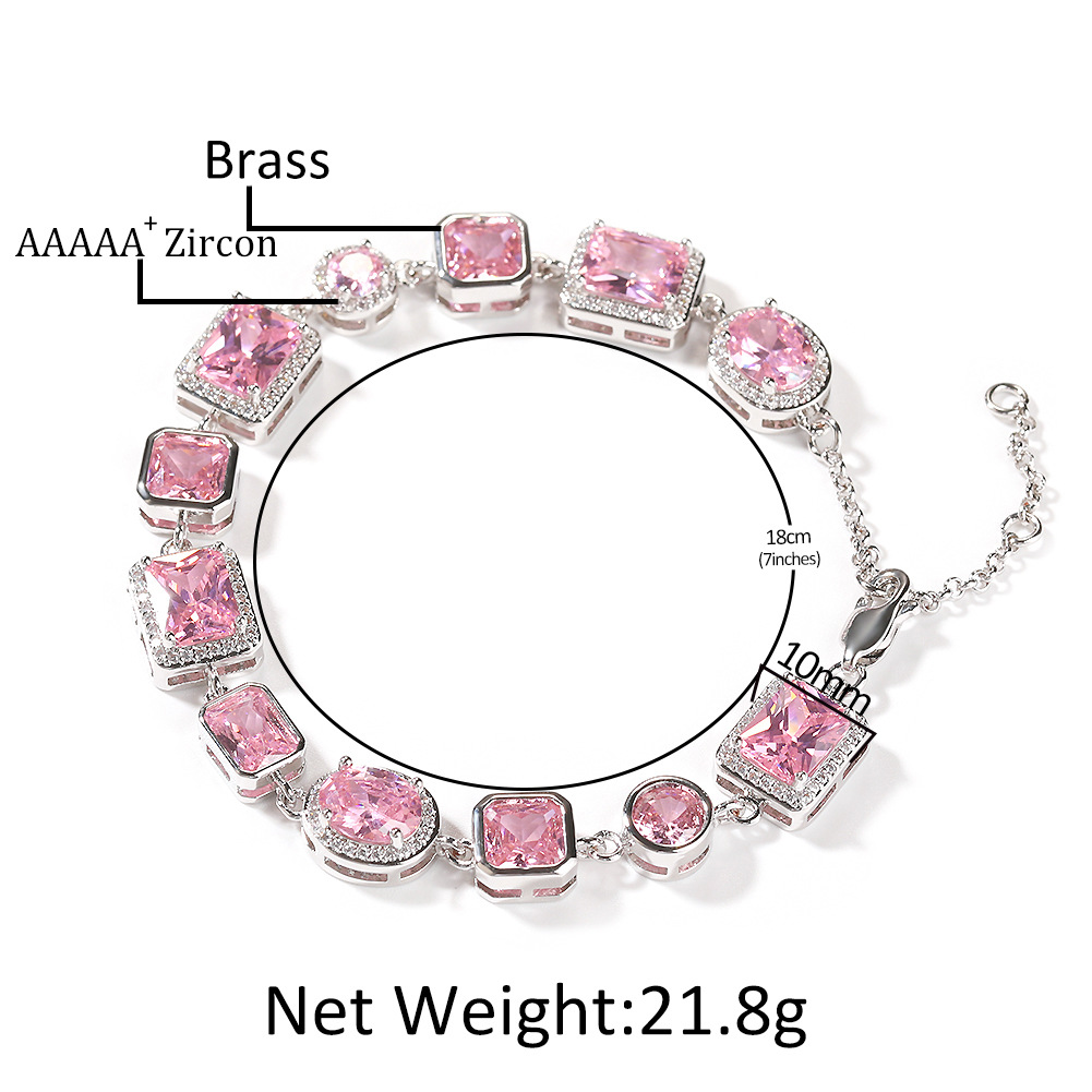 High Quality Hip Hop Pink Geometric Shape 5A Zircons Tennis Chain Bracelet Women Jewelry Gift