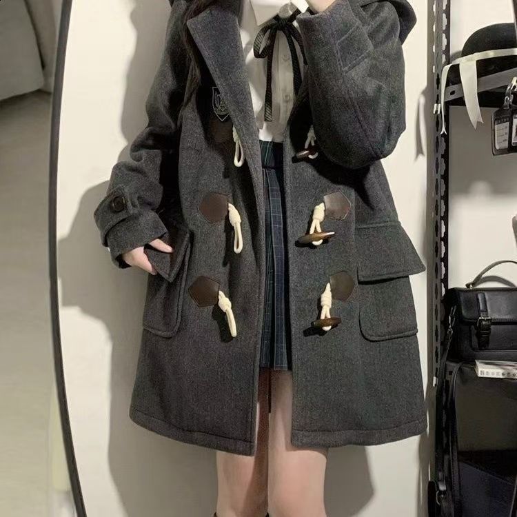 2025 Womens Winter Coat for Petite Figures College Style Korean Version MidLength Horn Button Woolen Coat with Hood 201103