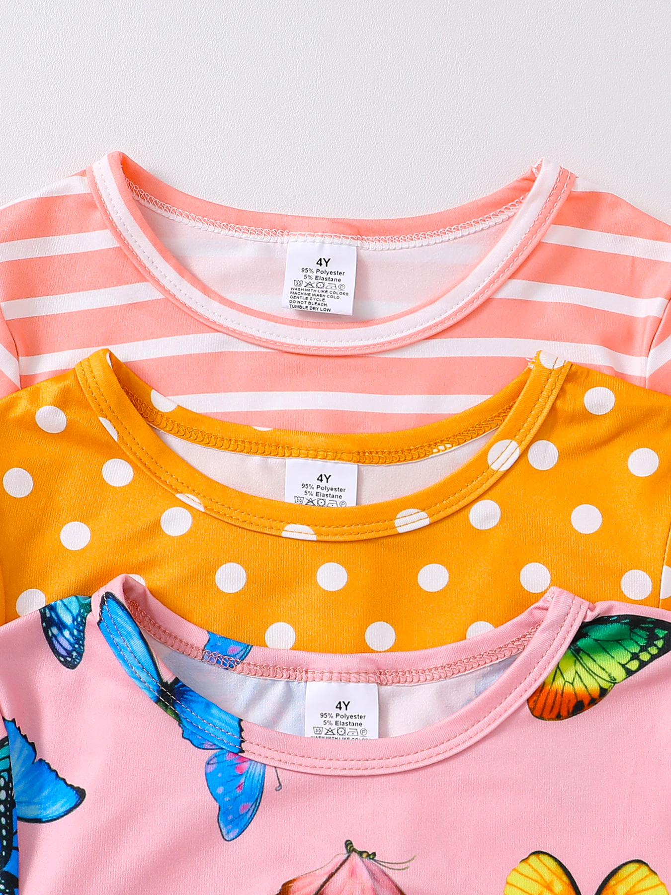 3Pcs Toddler Girl Dresses Set: Striped, Polka Dot & Butterfly Print Short - Sleeve Dresses, Cute Summer Outfits-KJ1X3964A