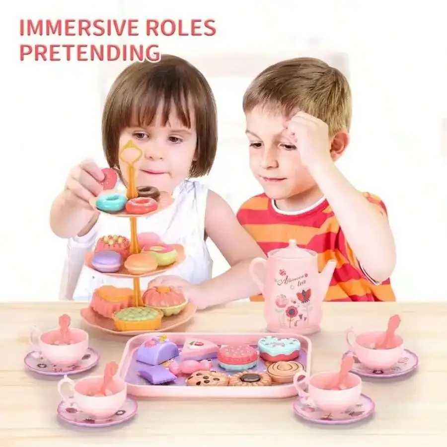 42 pieces of Little Girl Tea Party Set Kitchen Pretend to Play Tea Time Toy with Dessert Biscuits Donuts Tea Pot Princess Gi C250922