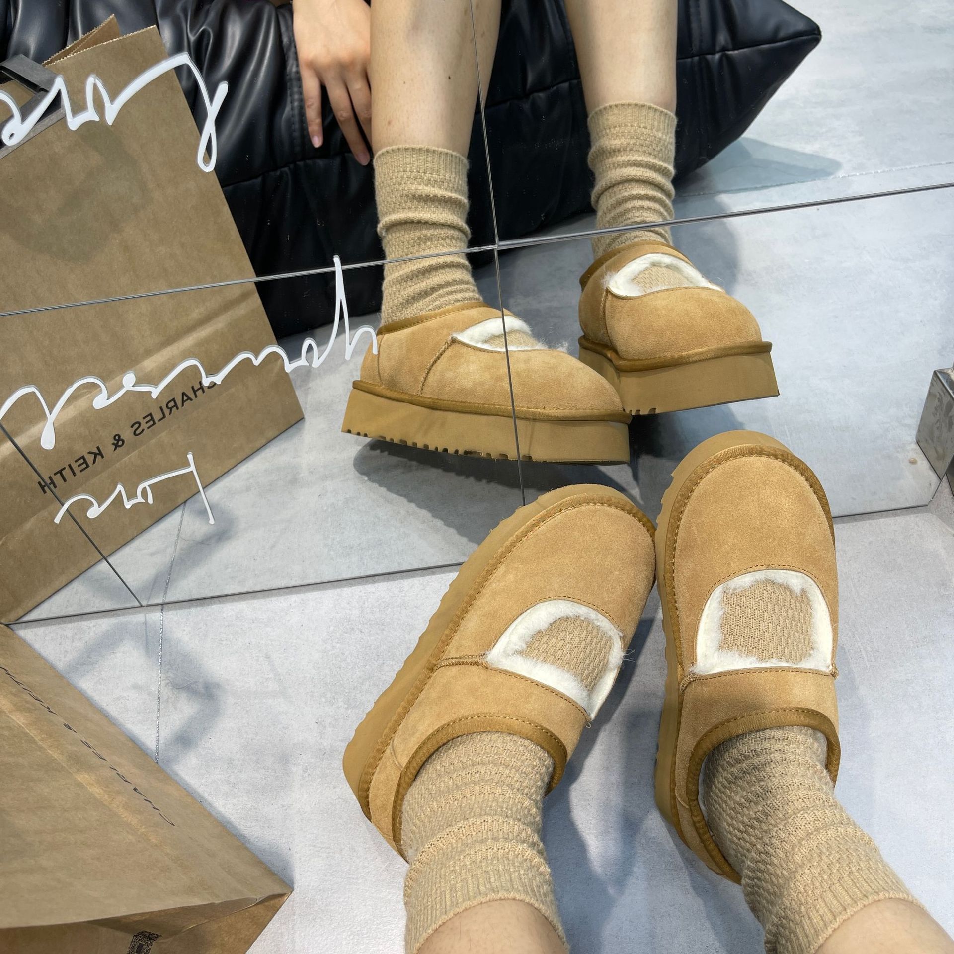 Free shipping vintage autumn-winter cowhide wool Mary Jane Snow Boots with thick inner elevation casual non-slip warm fleece