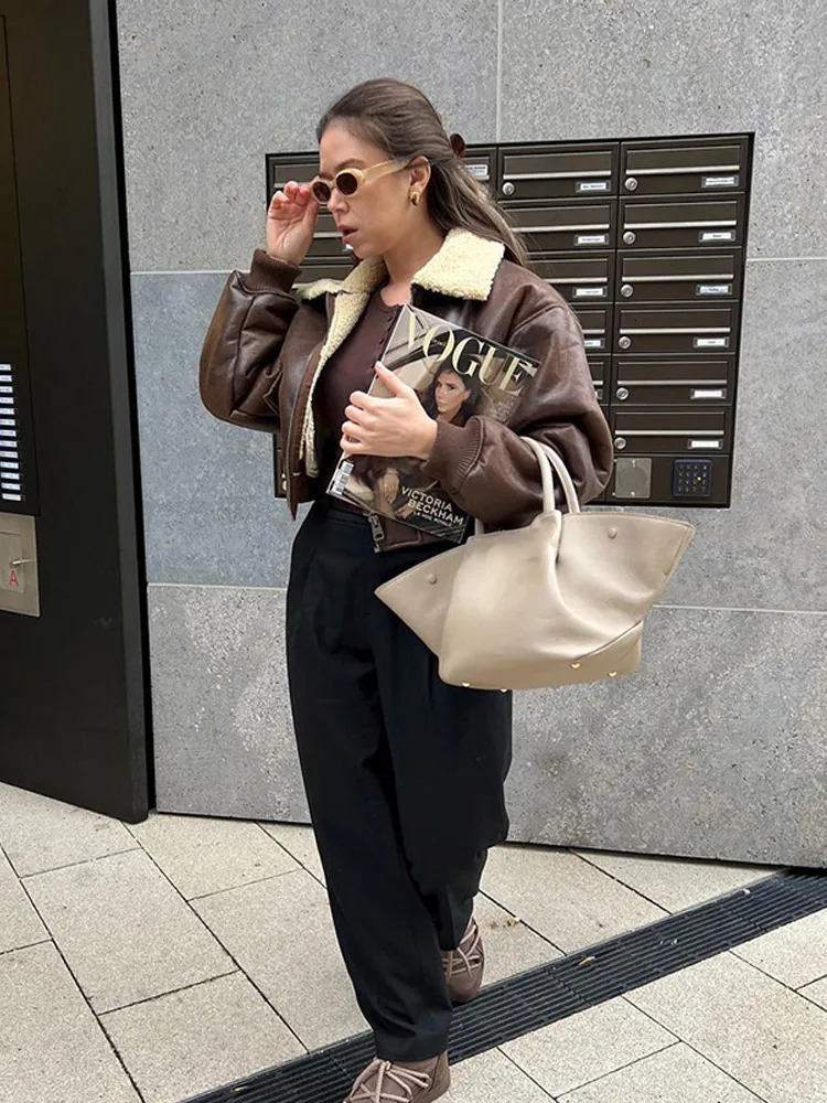 Womens Cropped Leather Jackets Chic Brown Fur Collar Street Style Bomber Coat 2025 Autumn Winter Zip Up Lady Commute Outerwears 250922