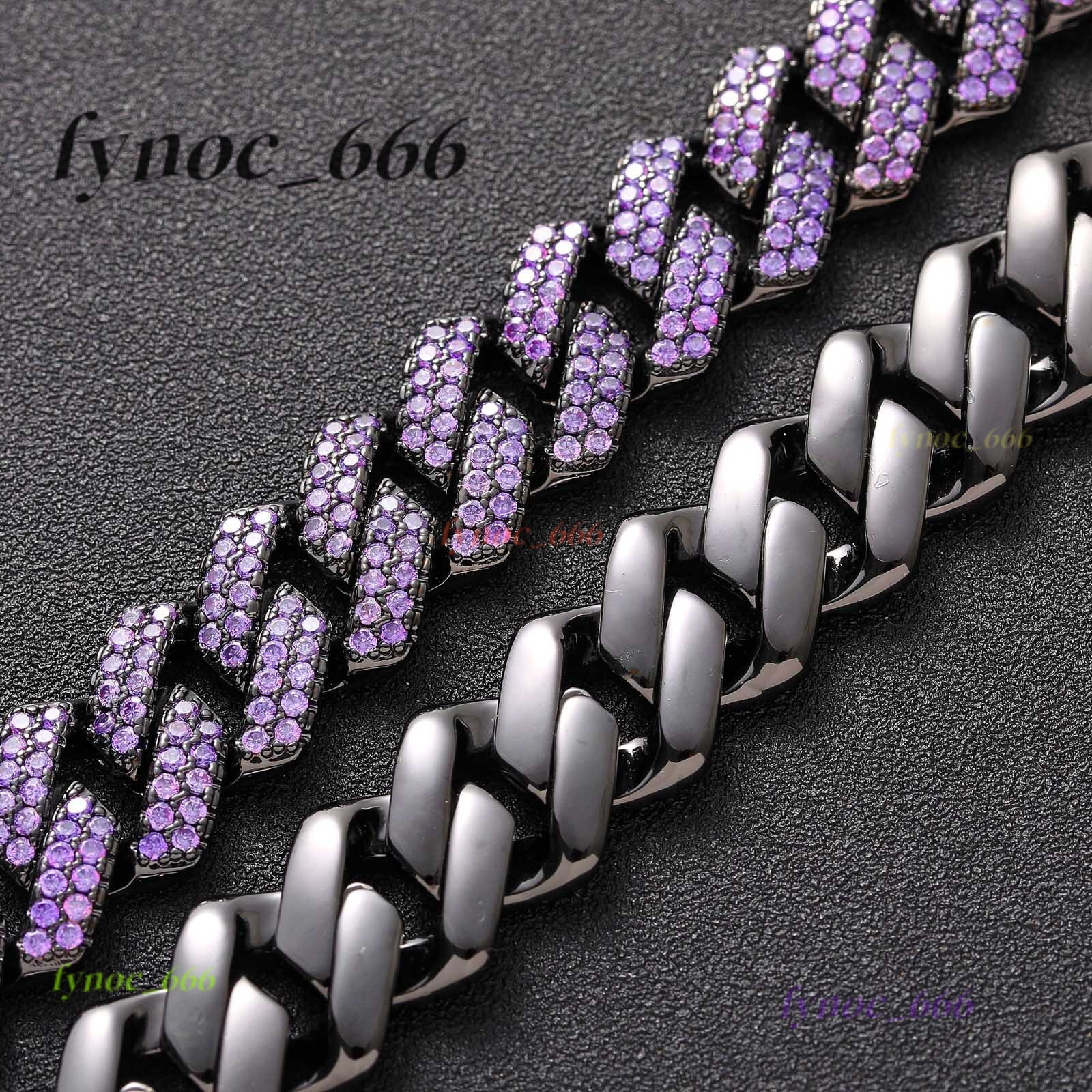Black 15mm Full Purple Lab Diamond Bling Prong Moissanite Cuban Link Hip Hop Chain Geometric Trendy Gift Chain
