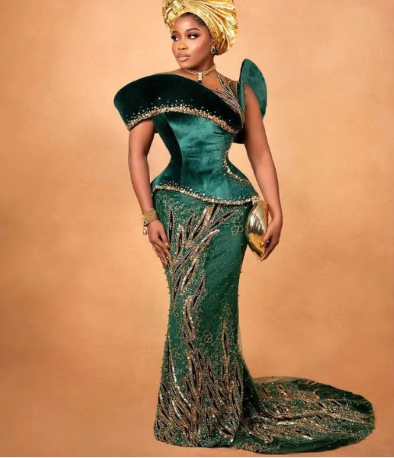 Aso Ebi Dark Green Mermaid Prom Dress Beaded Sequined Lace Veet Evening Formal Party Second Reception Birthday Engagement Gowns Dresses Robe De Soiree