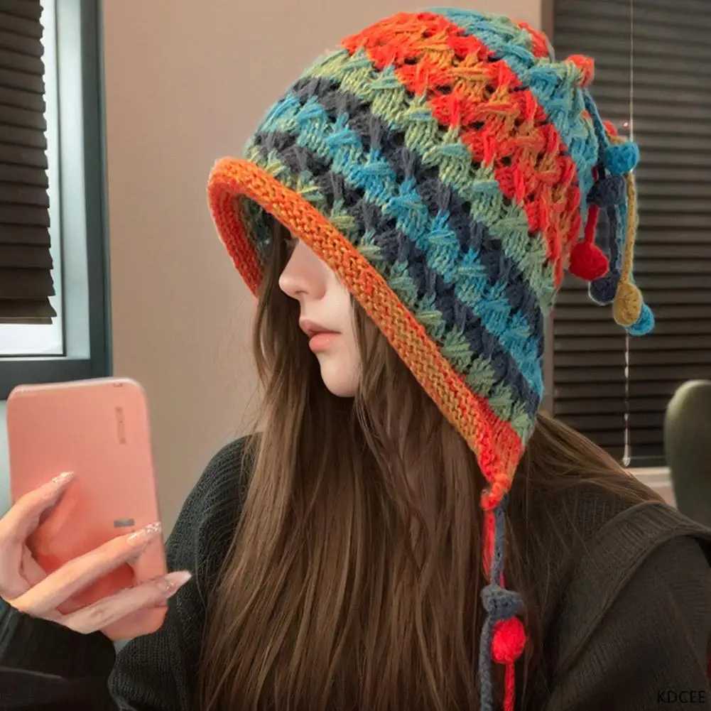 Wen Winter Knitted C P Ball Decor Elastic Thick Hollow Out Beanie Soft Warm Regar Fit Ear Protection La Winter Hat Y250920