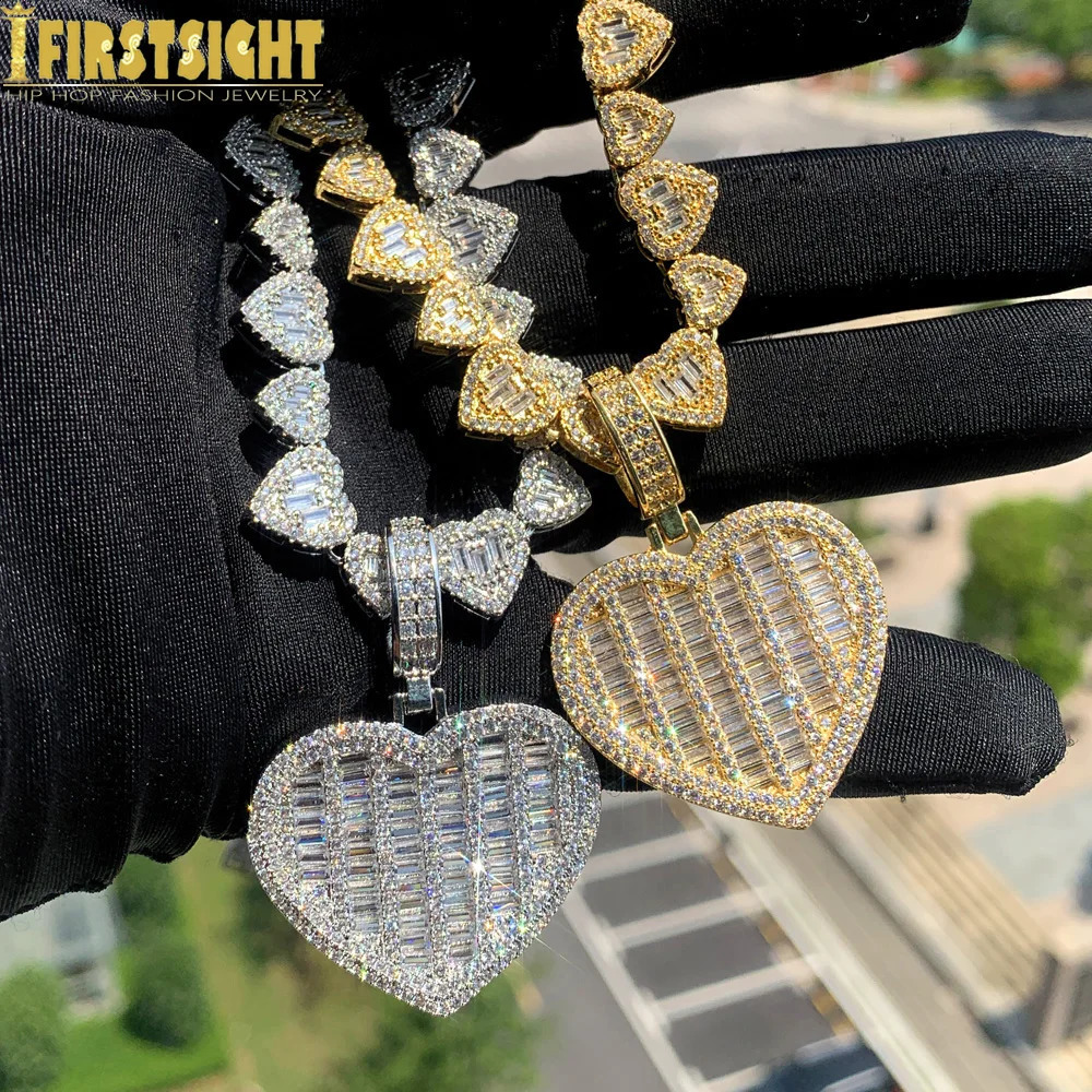 Iced Out Heart Pendant Necklace Bling Full Paved Cubic Zirconia Heart Charm Link Chain Choker For Women Hip Hop Jewelry 250920