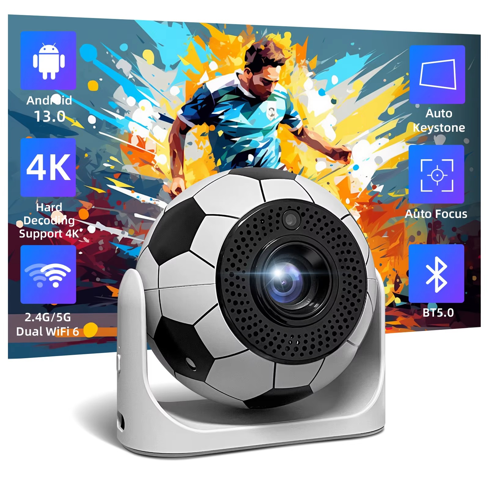 2025 Portable Projector 160 ANSI 1280*720P Android 13.0 BT 5.0 With 2.4/5G WiFi6 2+8GB Round Design Movie Projector 40"- 100" Screen, 180° F