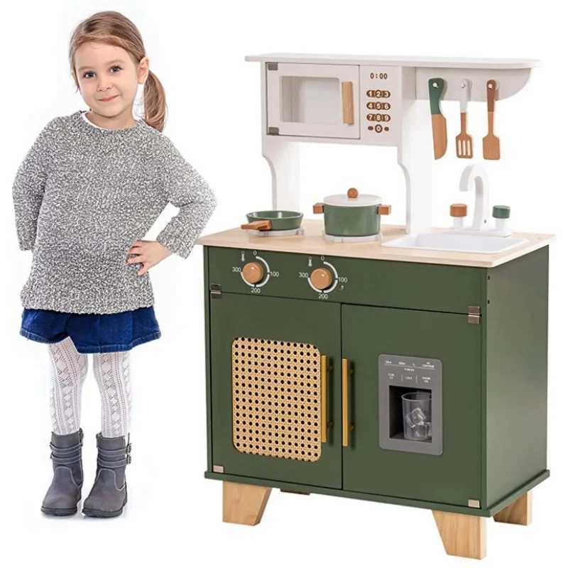 Robotime Robud Kids Kitchen Play Set with Ice Maker Pretend Playset Wooden Toy for Kids Age 3 Vintage Green for Toddler C250922