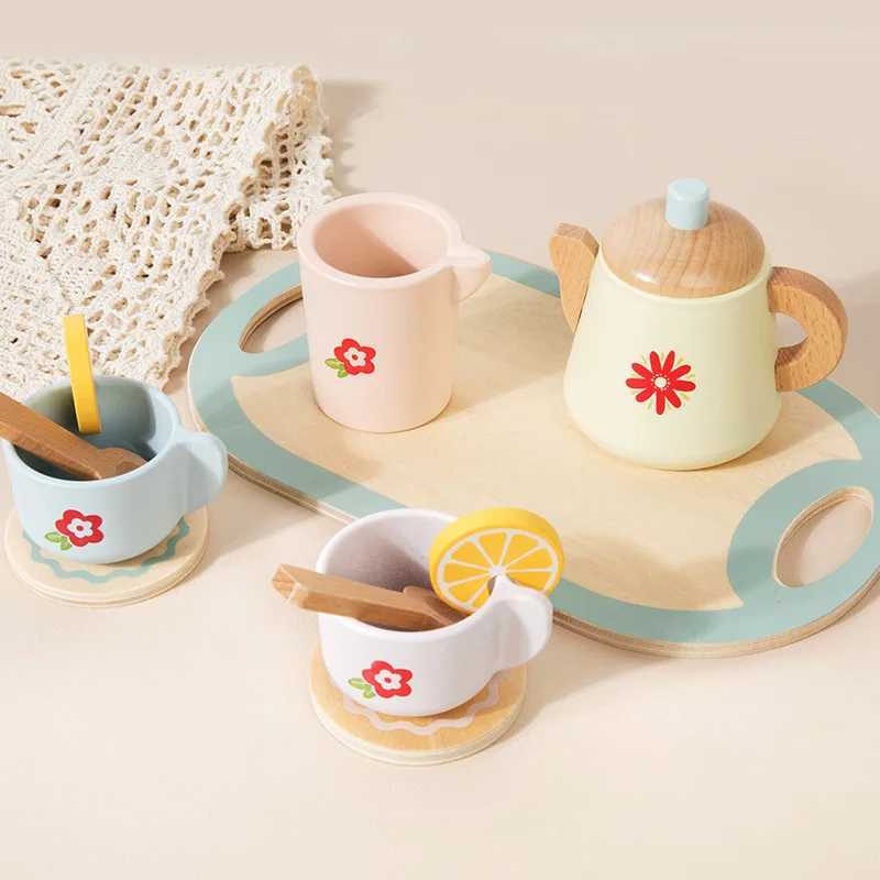 Kids Wooden Tea Set Play House Pretend Make Tea Play With Teapot Teacup Afternoon Snack Role Playing Toys Boys Girls Gift C250922