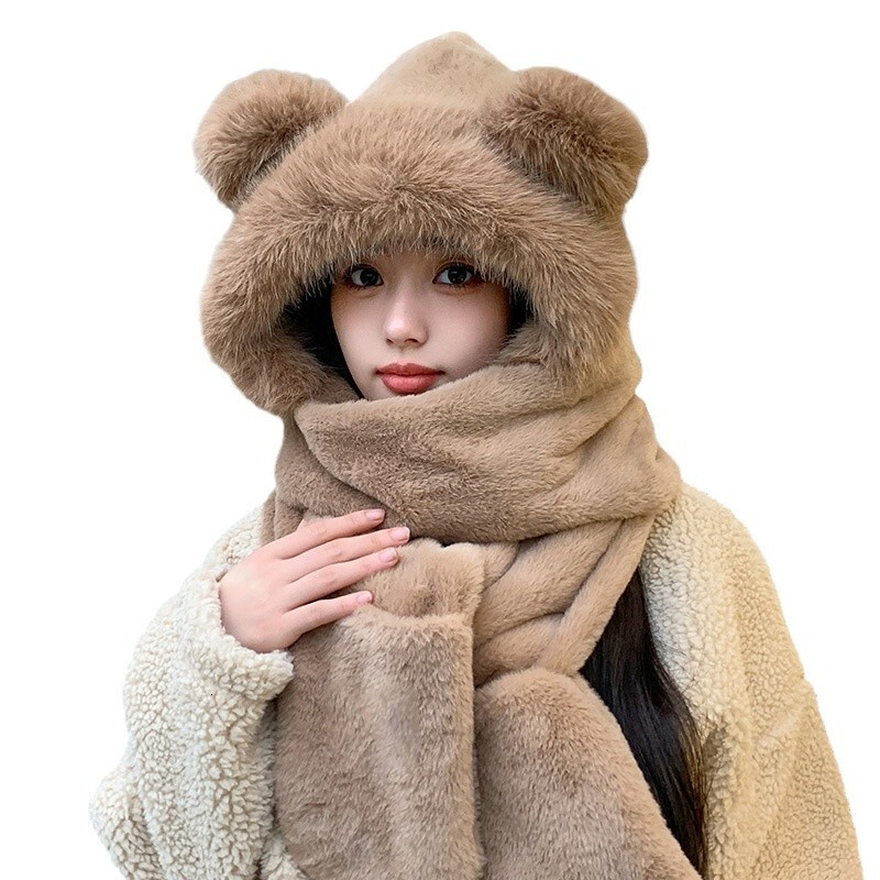 New plush hat for women in autumn and winter, three-piece set for women, Korean-style warm hat, scarf and gloves all in one