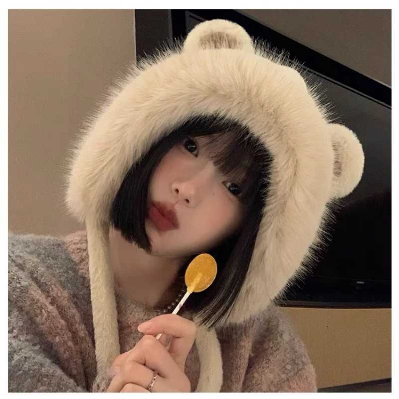 Winter Hat Knitted Fluffy Faux Fur Bear Design Warm Thicke Ear Protection for Wen Large Size Winter Beanie Y250920