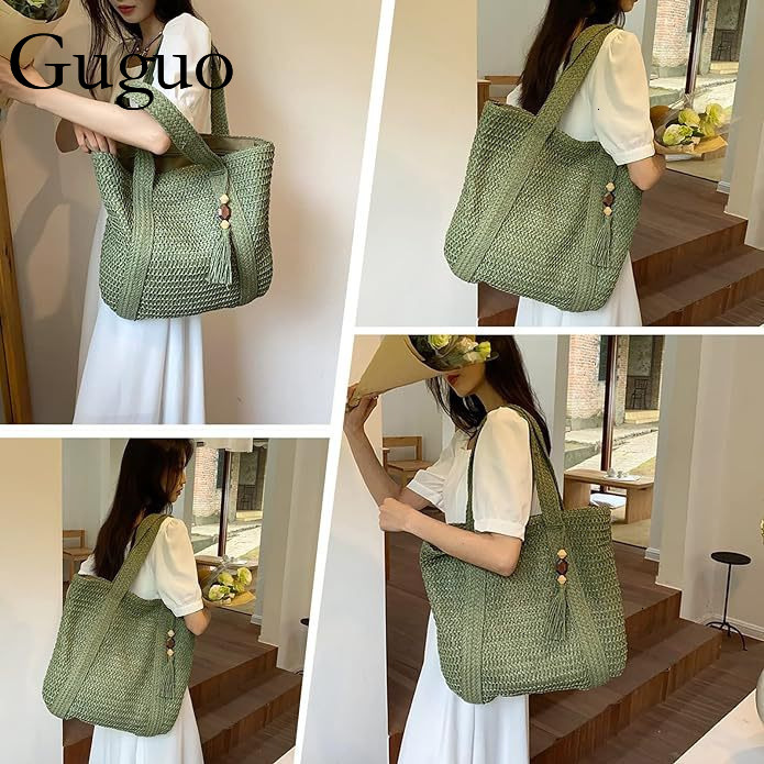 Guguo Designer Bag Versatile Single-shoulder Luxury Bag Straw Bag For Women, High-end Zipper Woven Bag, Large Capacity Tote Bag, Beach Bag For Women